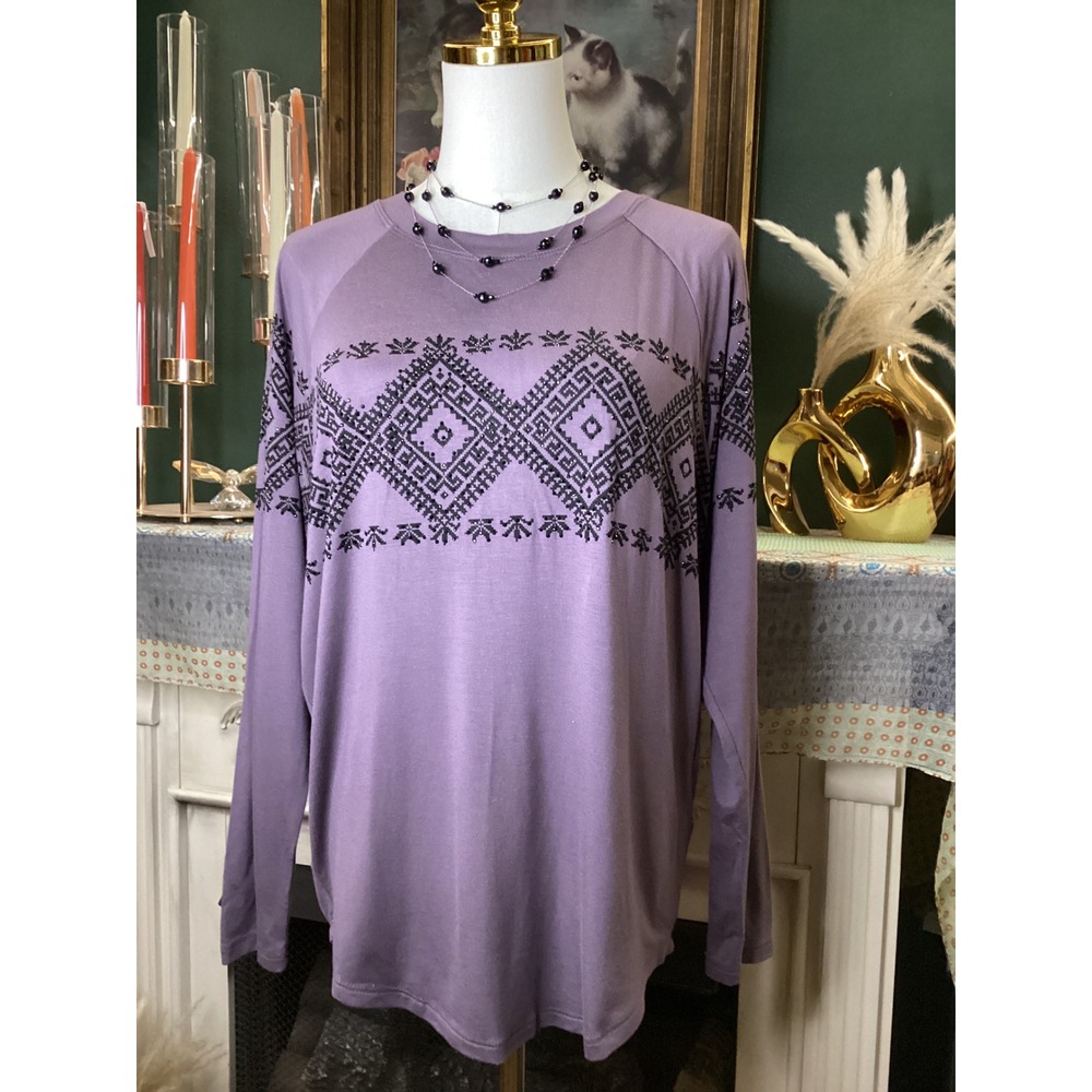 Vocal USA Purple Long Sleeve Rhinestone Geometric Tribal Top Small 15476L